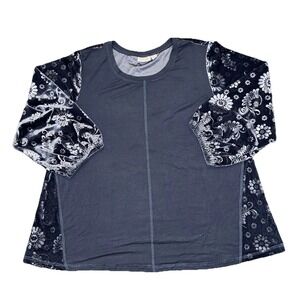LOGO by Lori Goldstein Women L Crushed Velvet Shirt Floral Boho Peasant Holiday